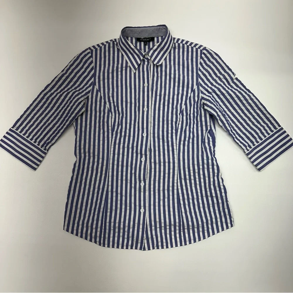 Lafayette 148 Striped Three Quarter Sleeve Button Down Shirt Womens Size 10 - Picture 2 of 10